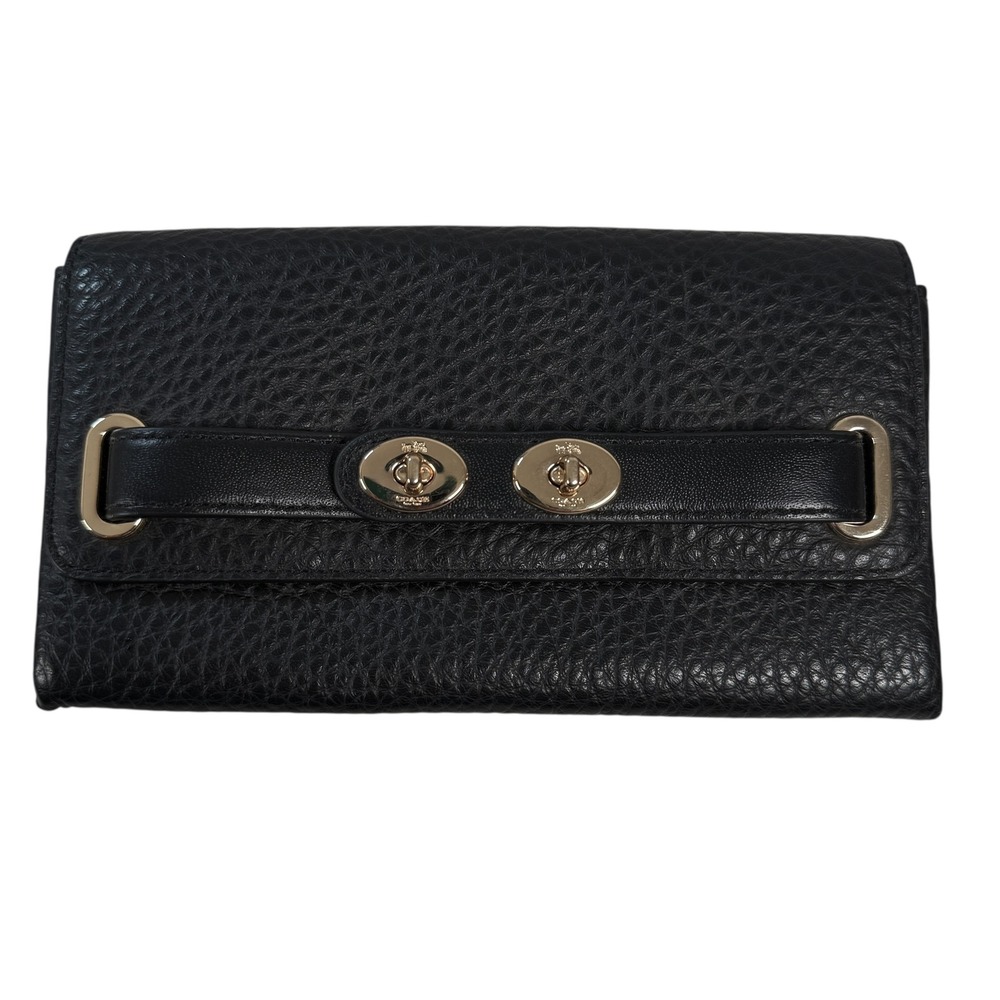 Coach Black Pebble Bubble Leather Double Turnlock Wallet Clutch Black Gold 53425 - Picture 1 of 8